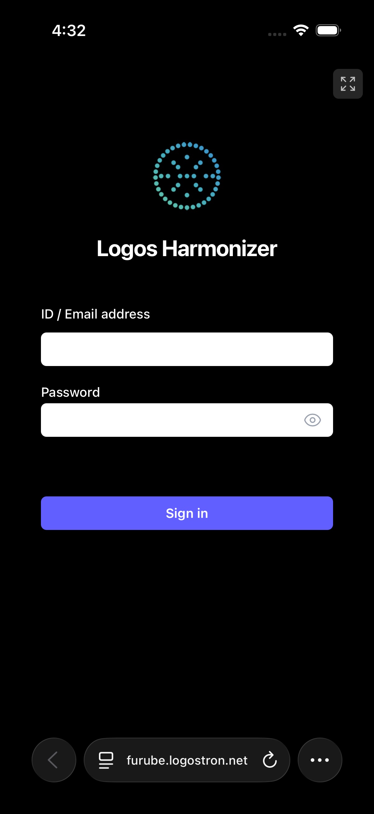 iPhone の Safari で Logos Harmonizer のログイン画面が開いている。画面の下に、戻る矢印、アドレス、点が3つのボタンが並ぶ