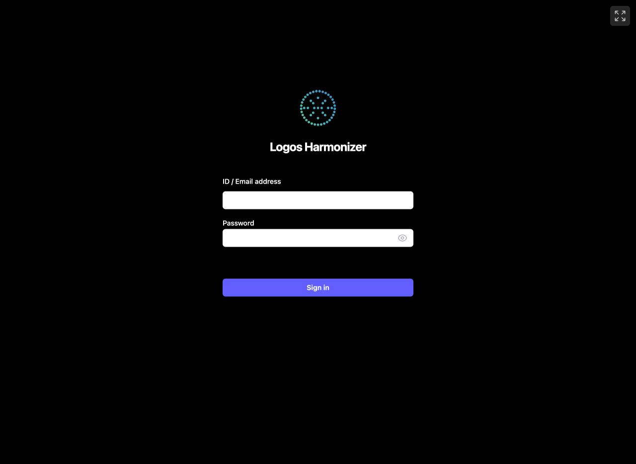 パソコンのログイン画面。黒い背景に Logos Harmonizer の文字、ID とパスワードの入力欄、紫色の Sign in ボタン