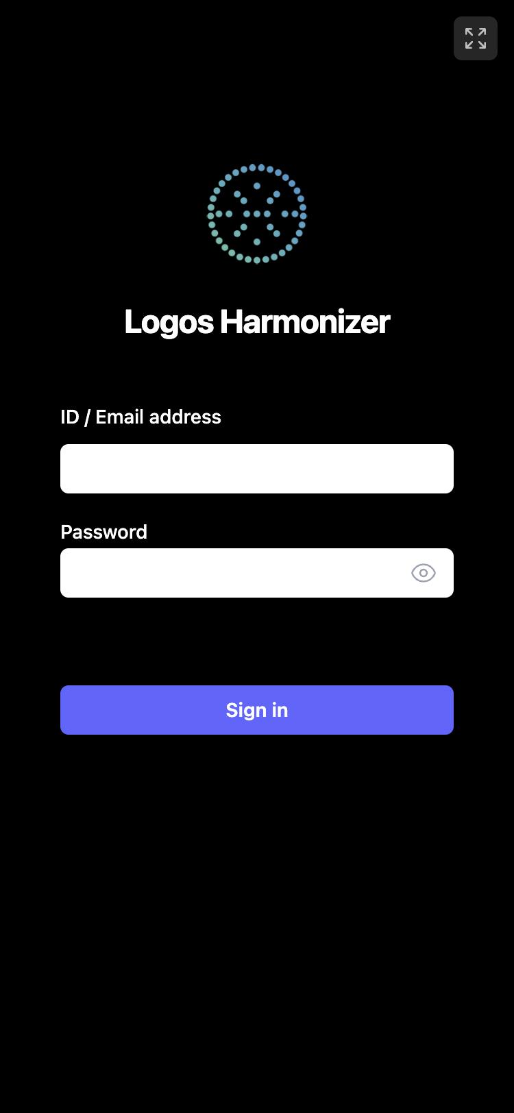 スマートフォンのログイン画面。ID とパスワードの入力欄、紫色の Sign in ボタン